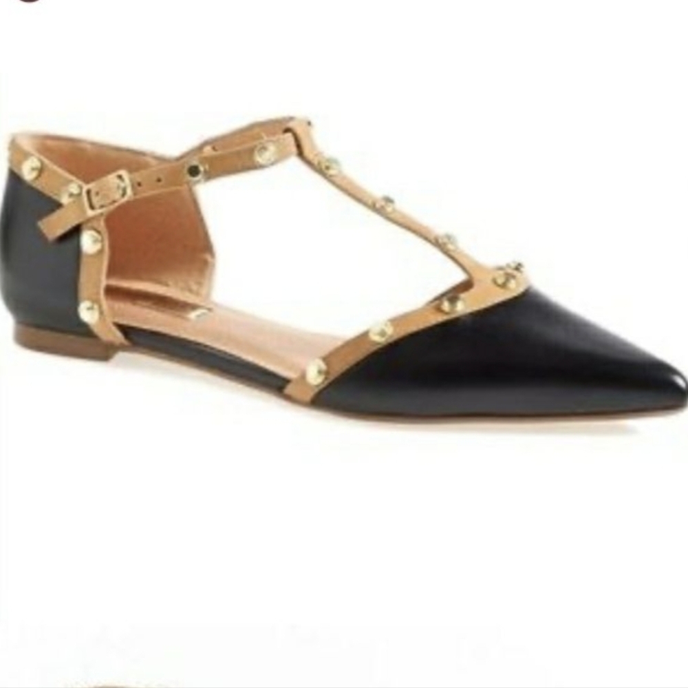 AUDREY BROOKE Studded Leather "Nikki" Flats 7.5 Black+tan Pointy Toe Mary Janes